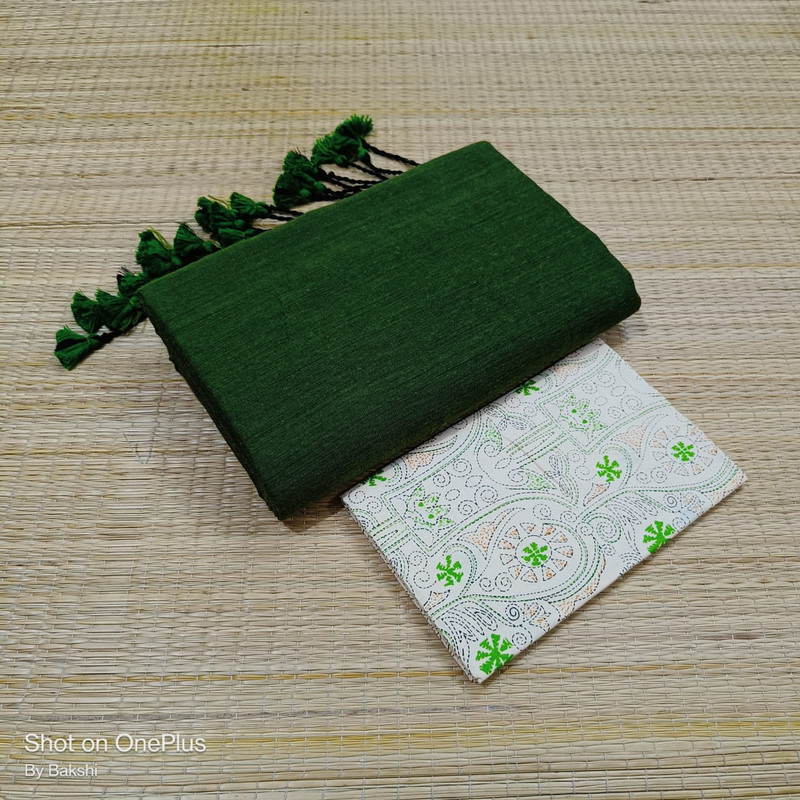 Plain Bottle Green Cotton Saree