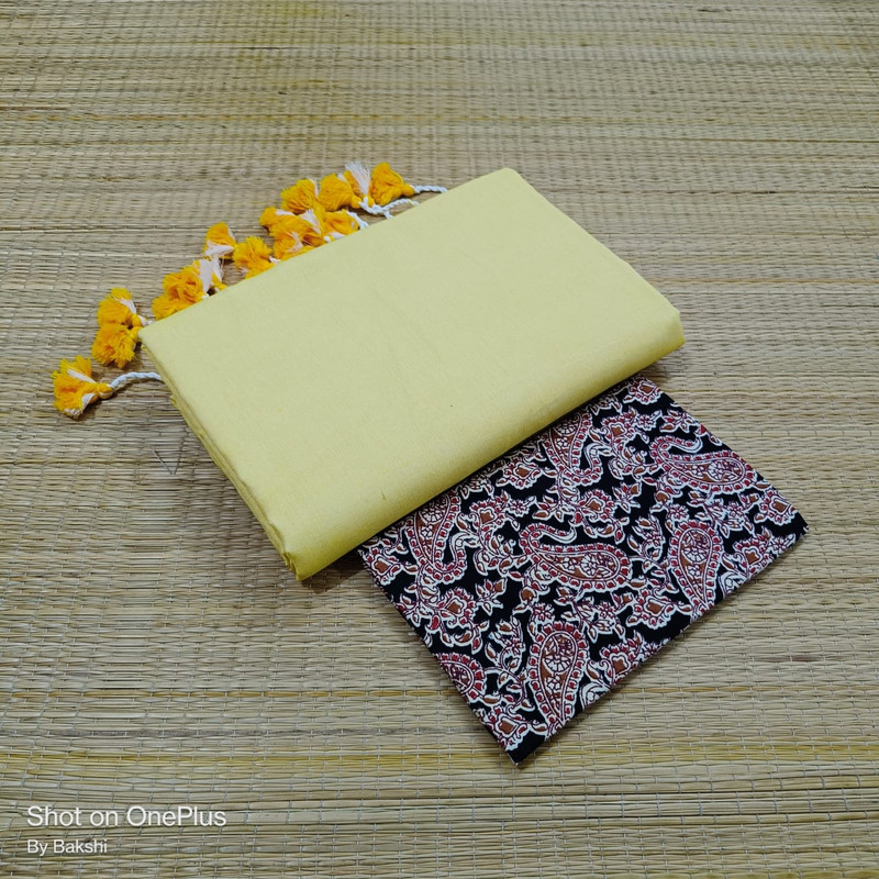 Light Lemon Yellow Plain Cotton Saree