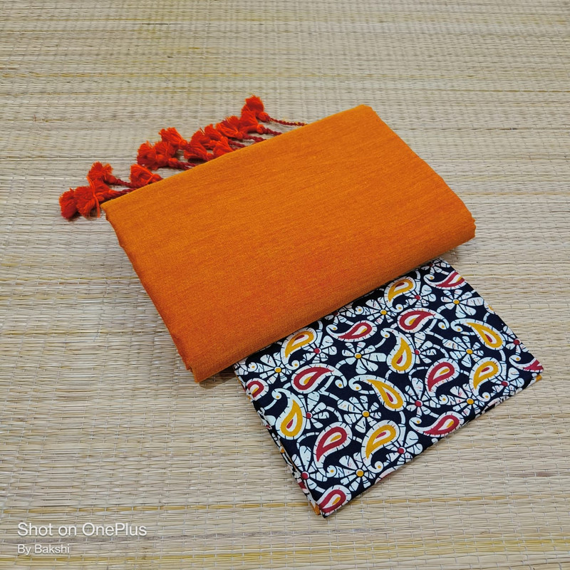 Orange Plain Cotton Saree