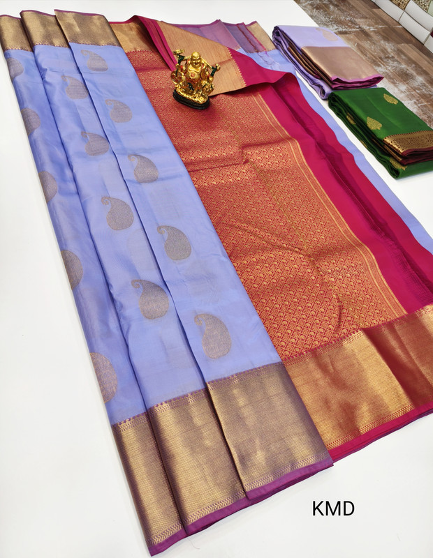 Kanchipuram Silk Saree with Wide Border in Pastel Blue and Shinning Rani Pink with Rich Golden Work Zari at the Pallu