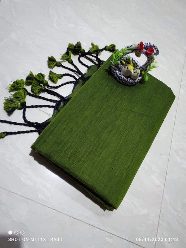 Grass Green Plain Cotton Saree