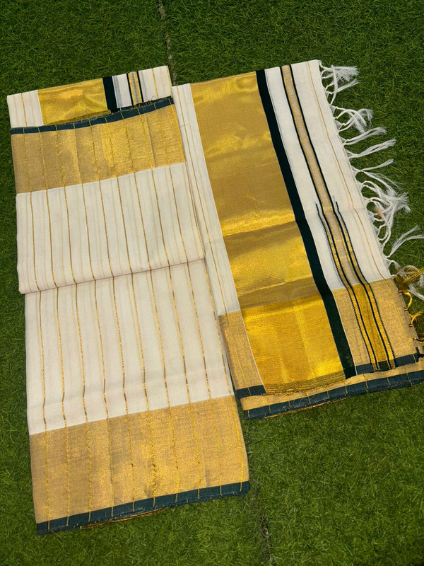 Kerala Handloom saree with Golden Thine Lined Zari entire the saree body and Black and Very wide Golden Border