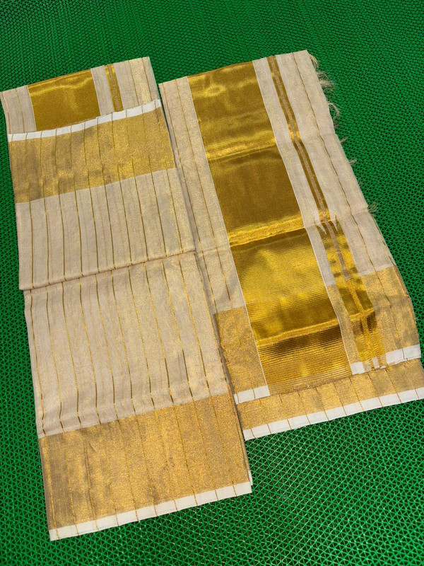 Kerala Handloom saree with Golden Thine Lined Zari entire the saree body and wide Golden Border