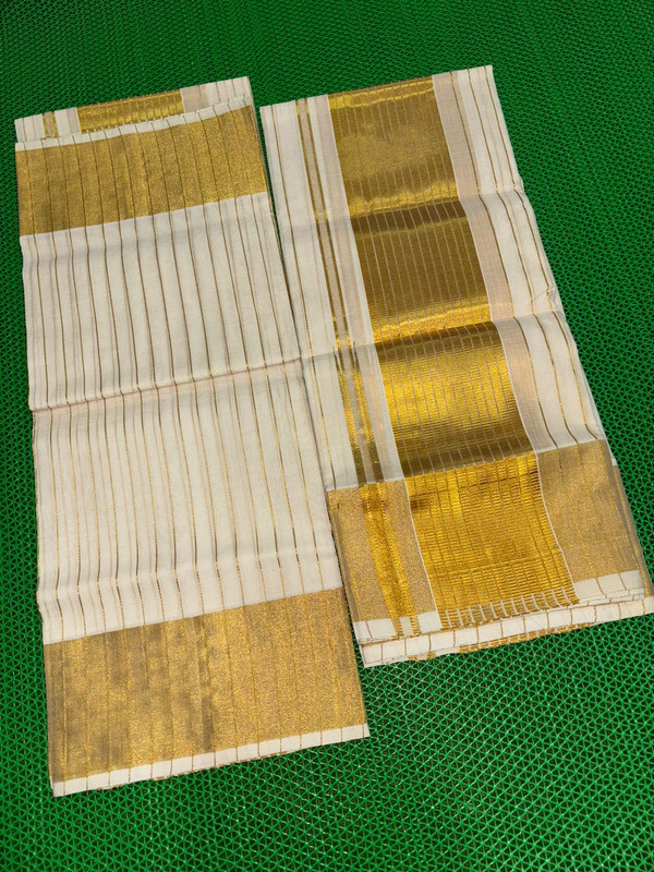 Kerala Handloom saree with Golden Thine Lined Zari entire saree body and wide Golden Border