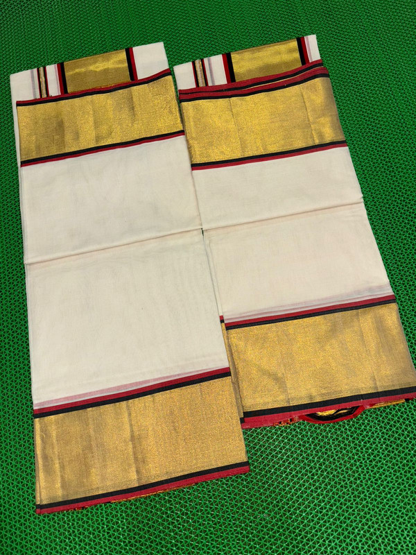 White Kerala Handloom saree with Golden Wide Lined Zari and Putta's