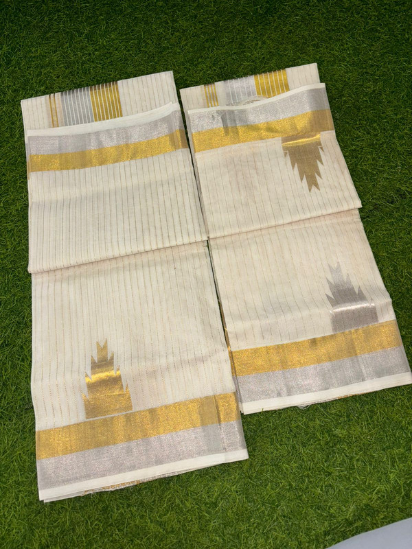 Kerala Handloom saree with Golden Thine Lined Zari and wide Golden and Silver Border along with Golden and Silver Zari Temple Designs