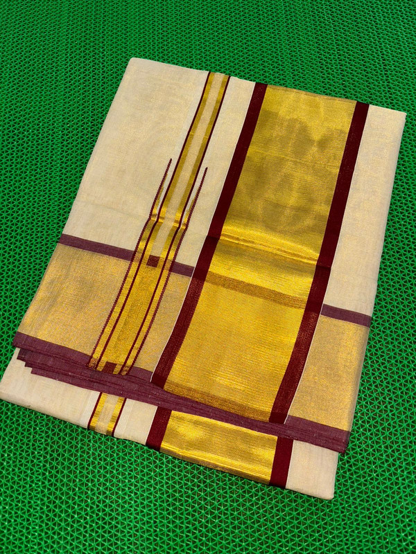 Pure White Cotton Kerala Handloom Tissue saree with a single line Golden and Maroon Thread Lines along with Beautiful Rich Pallu along with Very wide Golden Border
