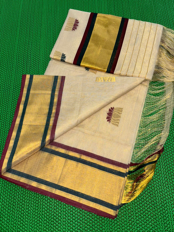Kerala Handloom saree with Golden and Red, Black Combination border along wide Golden Border