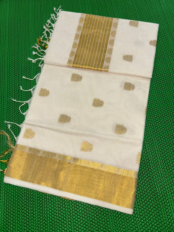 Pure White Cotton Kerala Handloom Tissue saree with a single line Golden Putta's along with Beautiful Rich Pallu along with Very wide Golden Border
