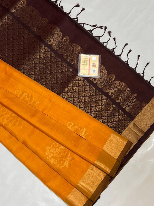Pure Kanchipuram Handloom Saree in Bright Mango Yellow Colour with Golden Zari Border
