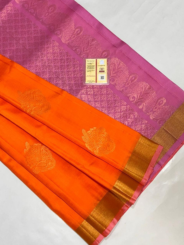 Pure Kanchipuram Handloom Saree in Orange colour with Golden Zari Border