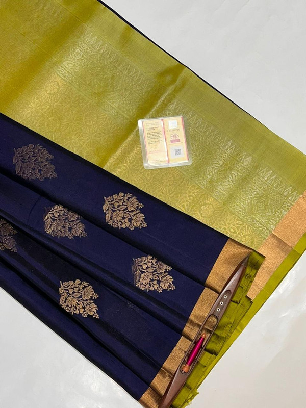 Pure Kanchipuram Handloom Saree in Navy Blue colour with Golden Zari Border