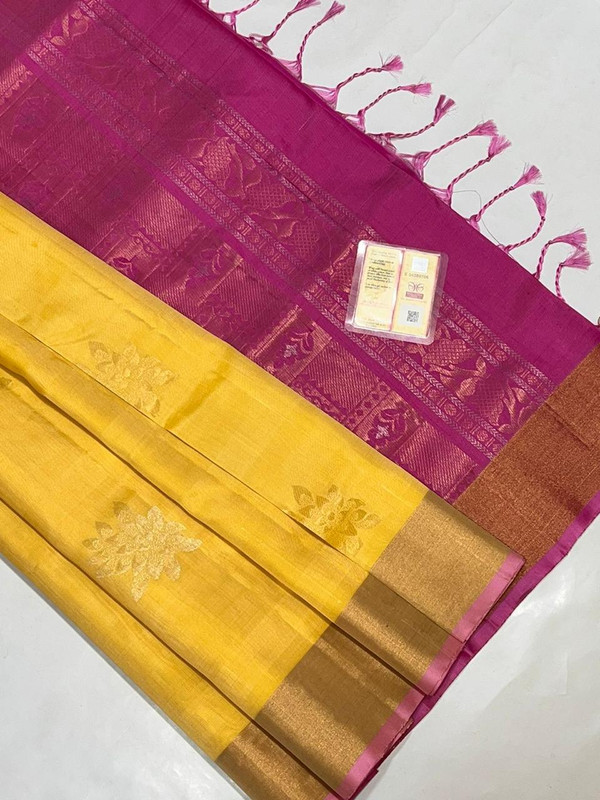 Pure Kanchipuram Handlooom Saree in Bright Yellow colour with Golden Zari Border.