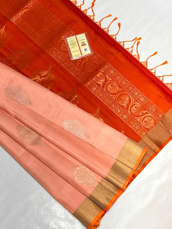 Pure Kanchipuram Handloom Saree in Light Peach colour with Golden Zari Border
