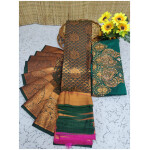 Soft Semi Silk Saree, Well used for Festivals, Weddings, Gatherings . Shinning Bottle Green with Putta's in the whole saree aling with the beautiful Wide Zari Golden Design Border and Rich work Palllu in Bottle Green colour. The Blouse pices attached looks extremly gorgeous.