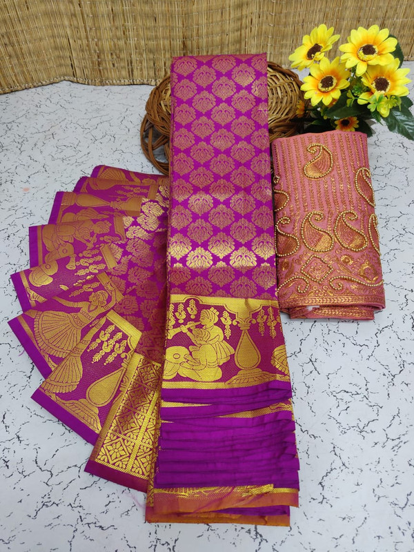 Soft Semi Silk Saree, Well used for Festivals, Weddings, Gatherings . Shinning Maganta with Putta's in the whole saree aling with the beautiful Wide Zari Golden Design Border and Rich work Palllu in Rani Pink and Maganta colour. The Blouse pices attached looks extremly gorgeous.