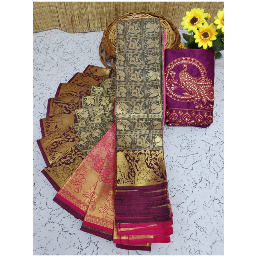 Soft Semi Silk Saree, Well used for Festivals, Weddings, Gatherings . Shinning Faded Black with Putta's in the whole saree aling with the beautiful Wide Zari Golden Design in Dark Maganta Colour Border and Rich work Palllu in Pink colour. The Blouse pices attached looks extremly gorgeous.