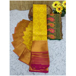 Soft Semi Silk Saree, Well used for Festivals, Weddings, Gatherings . Shinning Lemon Yellow with Putta's in the whole saree aling with the beautiful Wide Golden Zari Golden Design Border and Rich work Pallu in Maganta colour. The Blouse pices attached looks extremly gorgeous.
