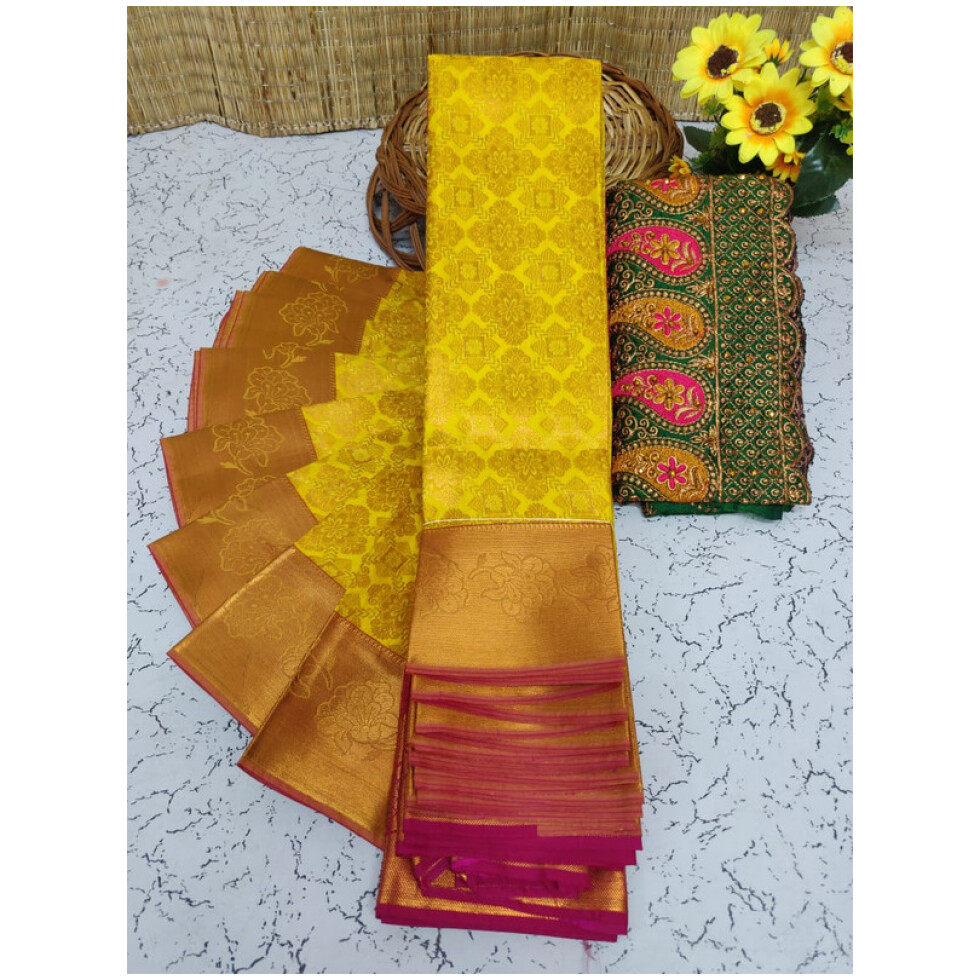 Soft Semi Silk Saree, Well used for Festivals, Weddings, Gatherings . Shinning Lemon Yellow with Putta's in the whole saree aling with the beautiful Wide Golden Zari Golden Design Border and Rich work Pallu in Maganta colour. The Blouse pices attached looks extremly gorgeous.