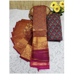 Soft Semi Silk Saree, Well used for Festivals, Weddings, Gatherings . Shinning Dark Pastel Biscuit Colour with Putta's in the whole saree aling with the beautiful Wide Golden Zari Design Border and Rich work Pallu in Rani Pink colour. The Blouse pices attached looks extremly gorgeous.
