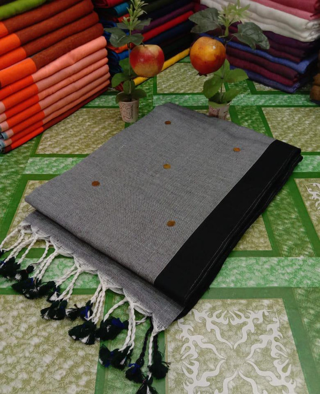 Plain Greyish Black Gini Cotton Handloom Saree