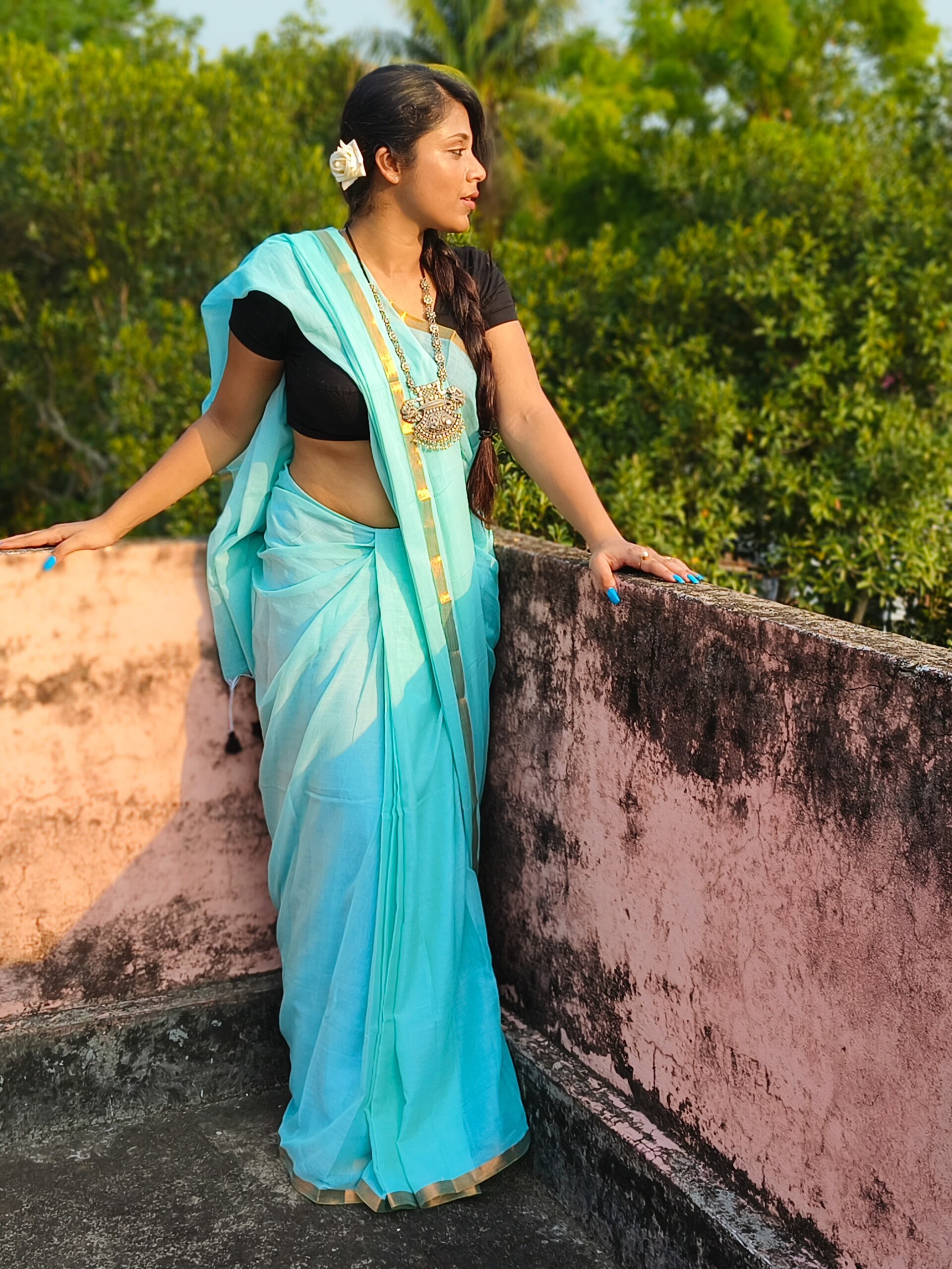 Plain Linen Cotton Saree in Sea Blue