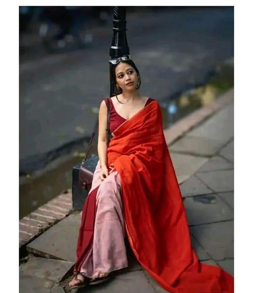 Mul Cotton Saree in Dual Shades of Orange, Maroon, and Pastel